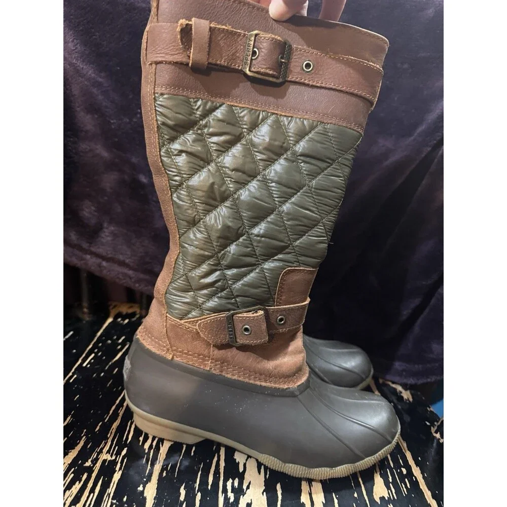 Sperry Duck Boots Womens 7.5 Brown Olive Quilted Waterproof Rain Tall Saltwater